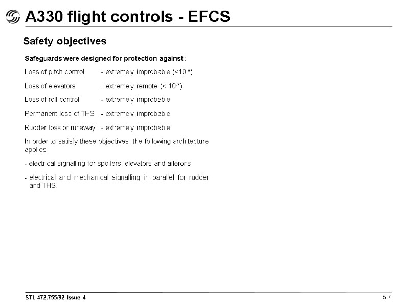 A330 flight controls - EFCS 5.7 Safety objectives Safeguards were designed for protection against